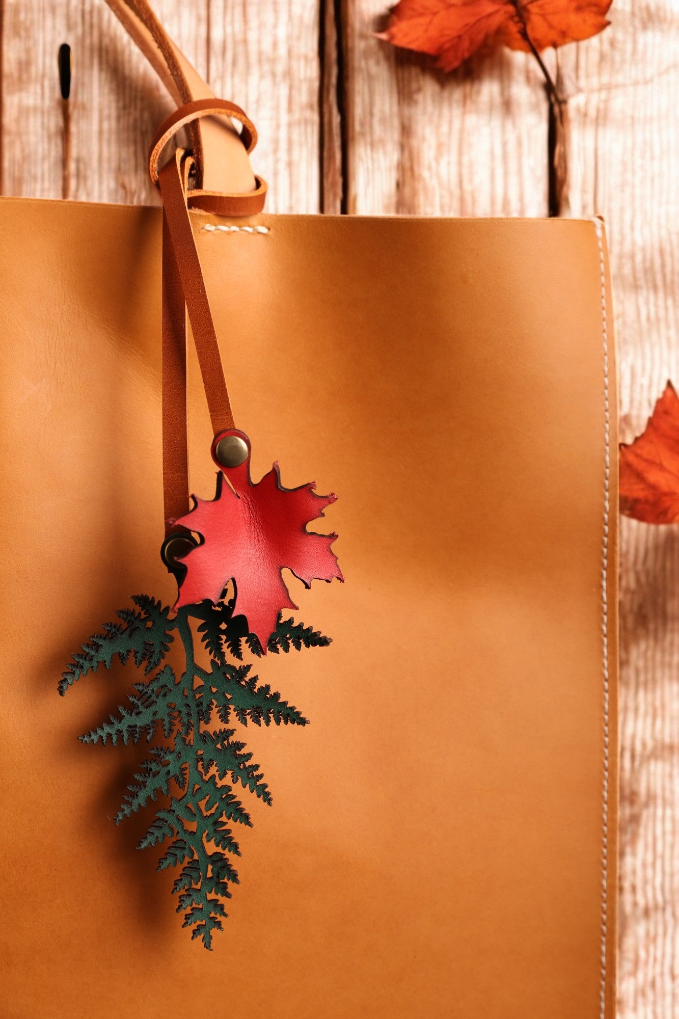 Handcrafted Autumn leaves bag charm/Red maple tree leaf /Pteridium Aquilinum leaf (2 leaves)