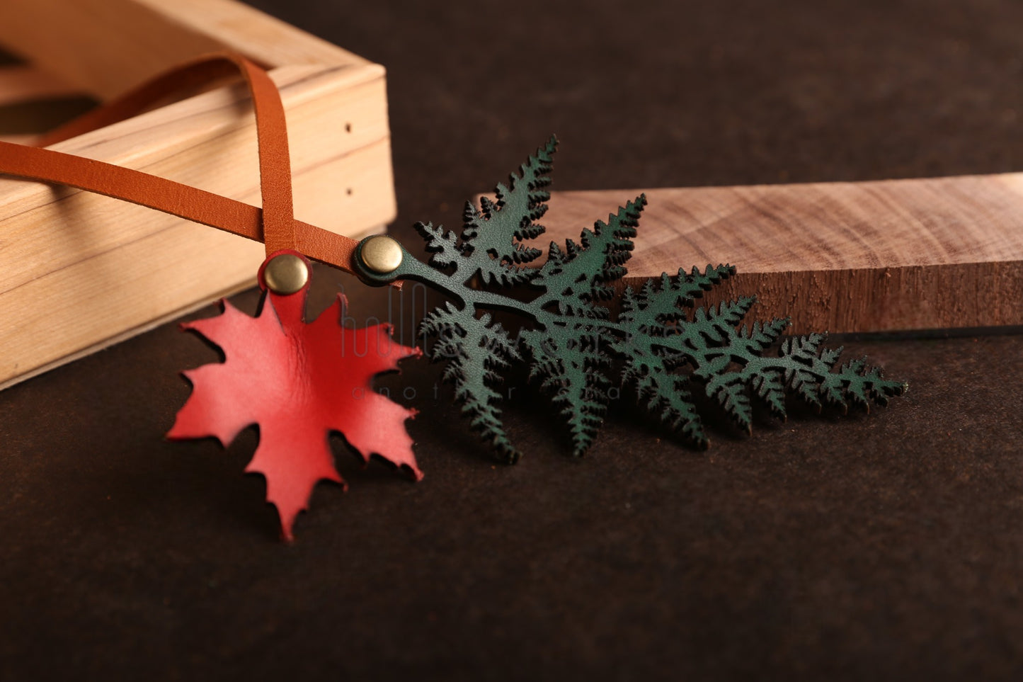 Handcrafted Autumn leaves bag charm/Red maple tree leaf /Pteridium Aquilinum leaf (2 leaves)