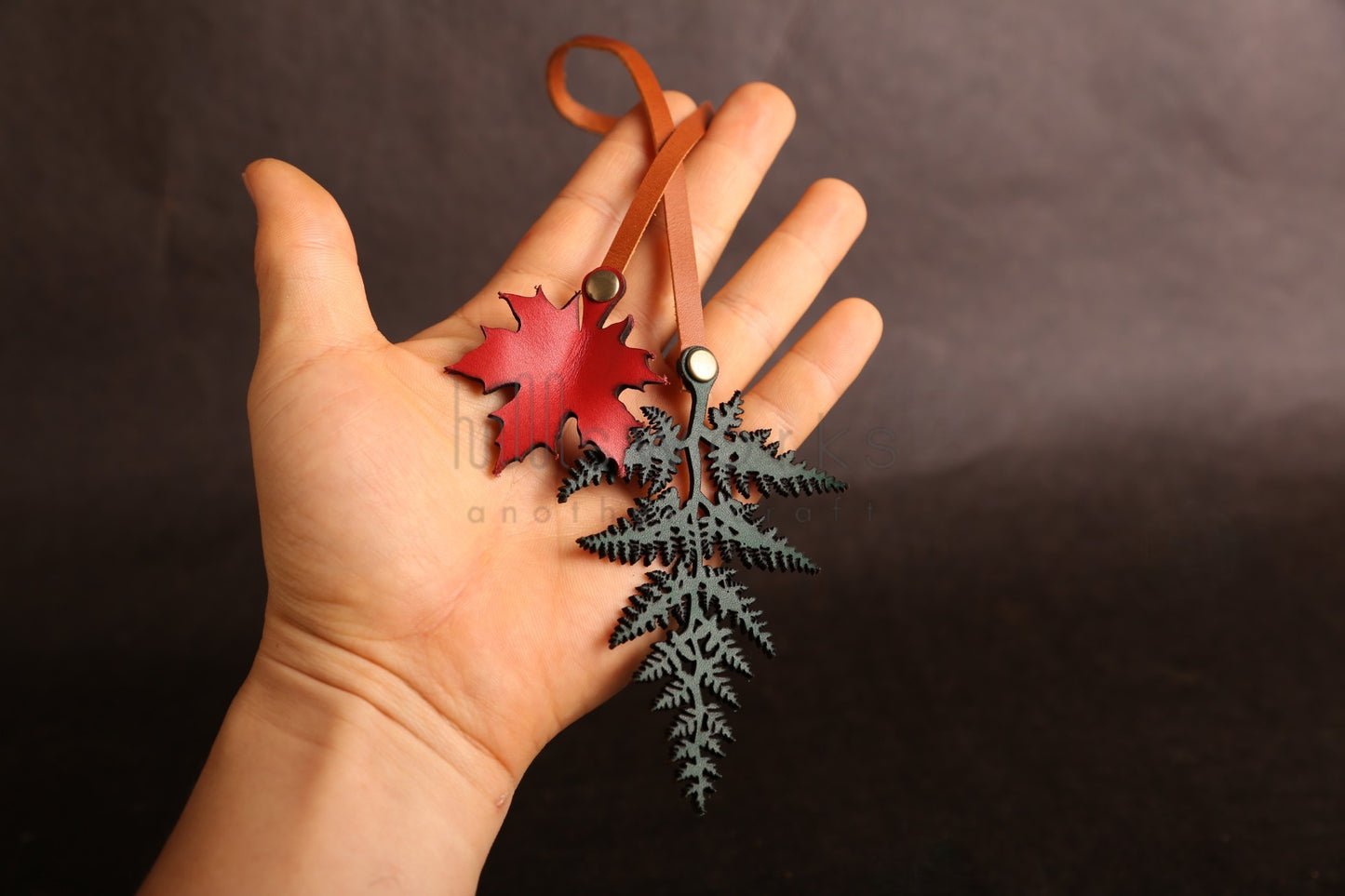 Handcrafted Autumn leaves bag charm/Red maple tree leaf /Pteridium Aquilinum leaf (2 leaves)
