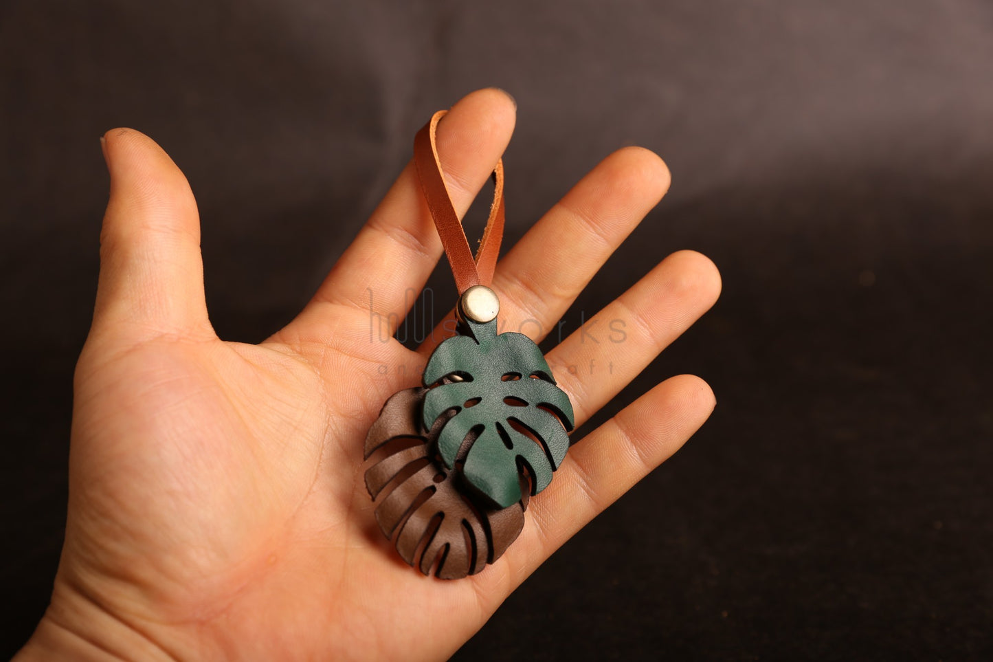 Handcrafted Monstera Leaf Leather bag charm/ Italian leather bag charm/leaf bag charm/Made in USA/snap button ver.