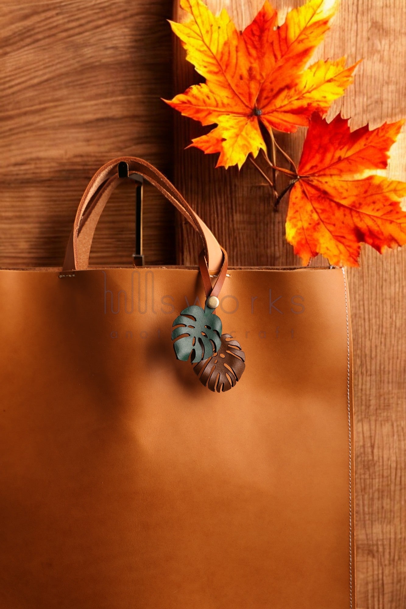 Handcrafted Monstera Leaf Leather bag charm/ Italian leather bag charm/leaf bag charm/Made in USA/snap button ver.