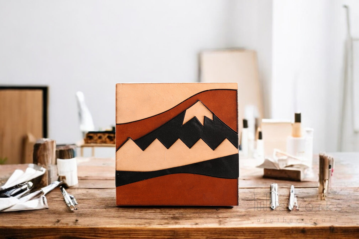 Handcrafted Modern Landscape Leather Wall Art-Mountain inspired-Leather Shelf Home Decor