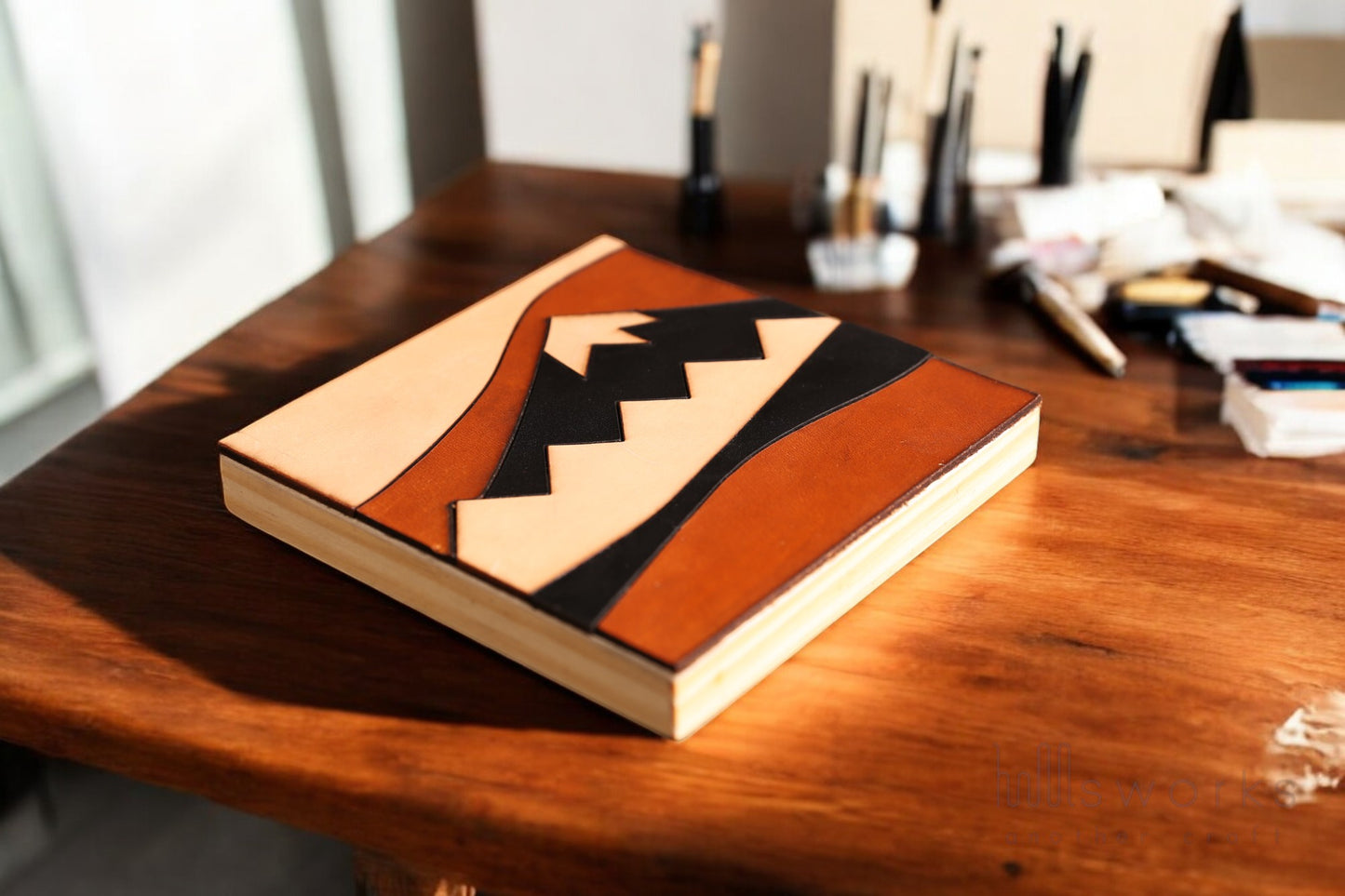 Handcrafted Modern Landscape Leather Wall Art-Mountain inspired-Leather Shelf Home Decor