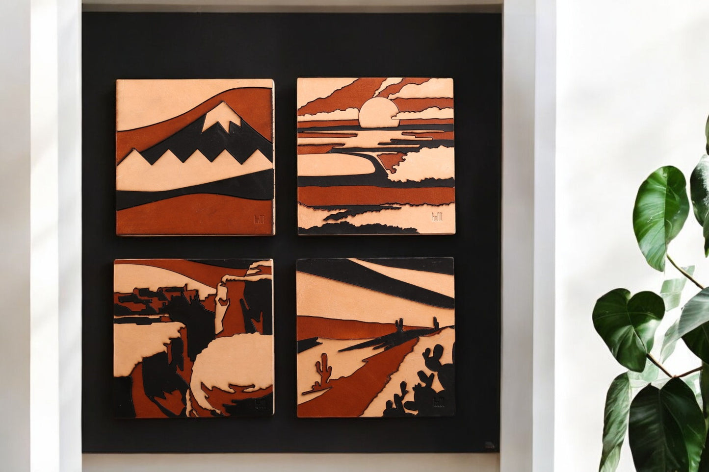 Handcrafted Modern Landscape Leather Wall Art-Ocean inspiration-Leather Shelf Decor