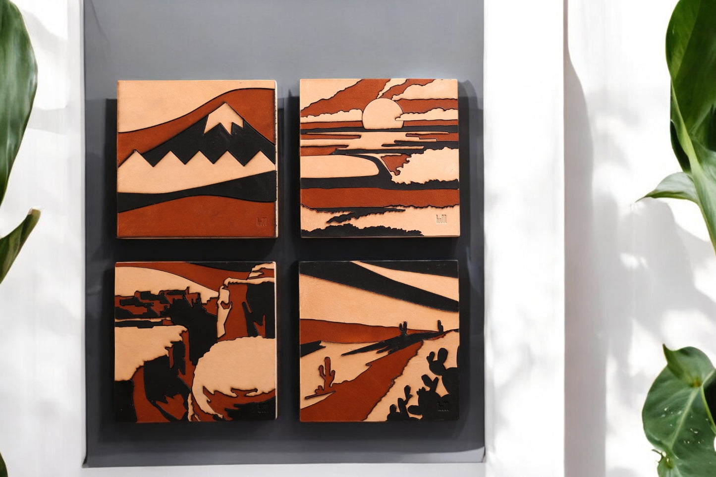 Handcrafted Modern Landscape Leather Wall Art-Ocean inspiration-Leather Shelf Decor