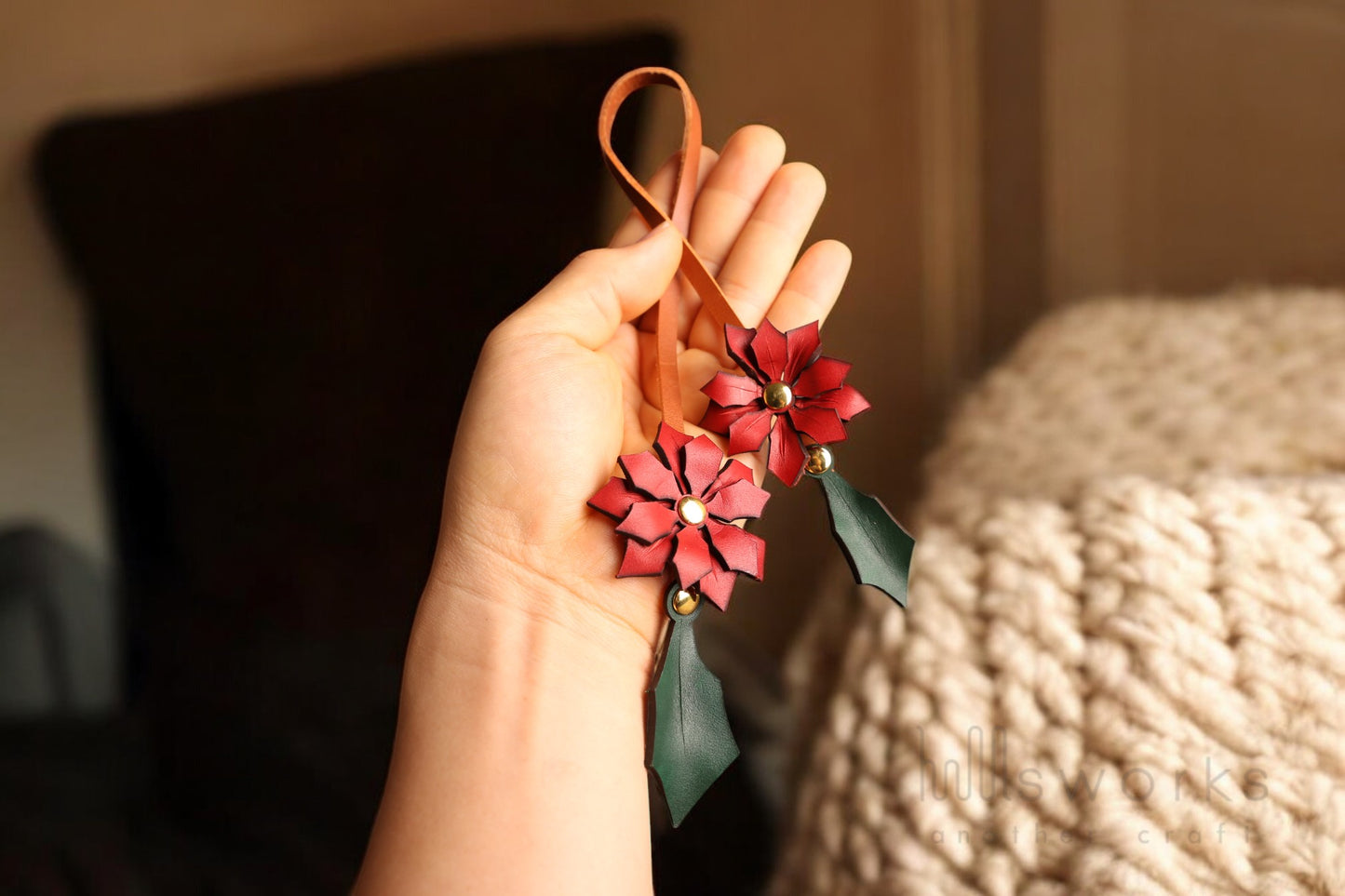 Handcrafted Poinsettia Leather bag charm/ Christmas bag charm/leaf bag charm/Made in USA
