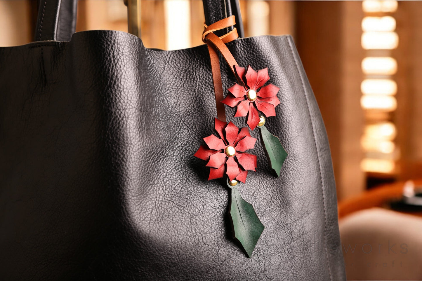 Handcrafted Poinsettia Leather bag charm/ Christmas bag charm/leaf bag charm/Made in USA