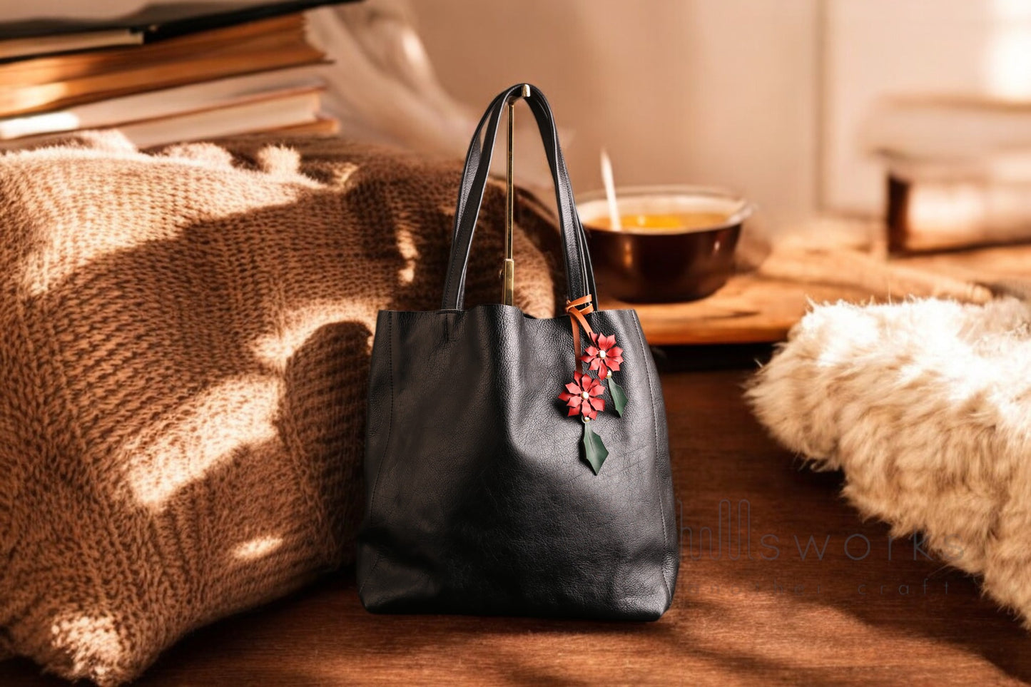Handcrafted Poinsettia Leather bag charm/ Christmas bag charm/leaf bag charm/Made in USA