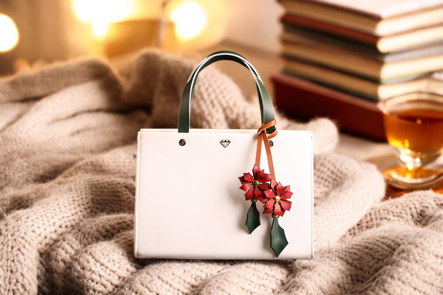 Handcrafted Poinsettia Leather bag charm/ Christmas bag charm/leaf bag charm/Made in USA