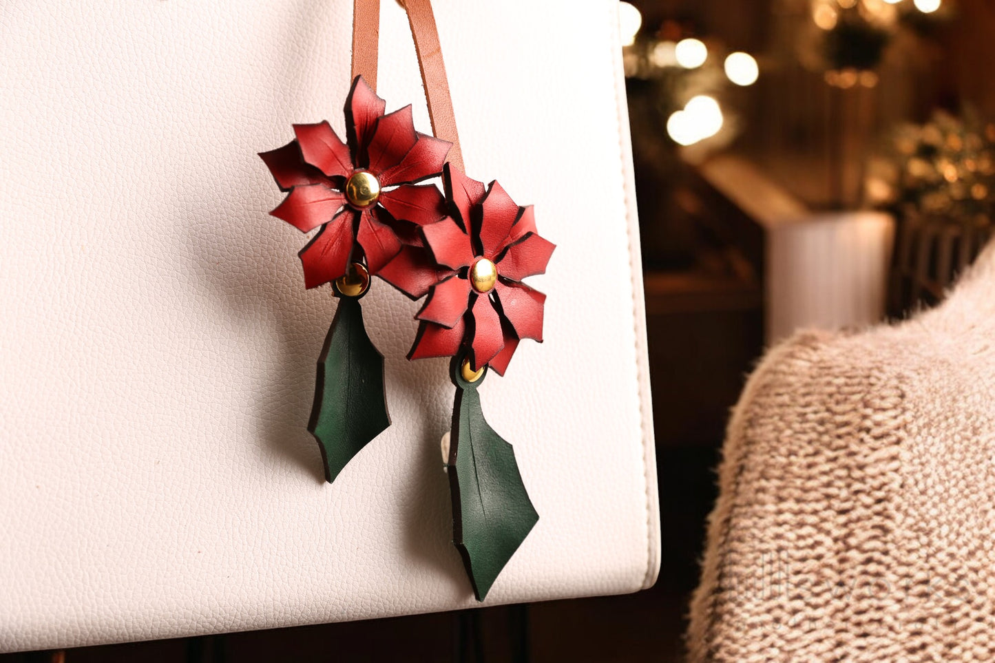 Handcrafted Poinsettia Leather bag charm/ Christmas bag charm/leaf bag charm/Made in USA