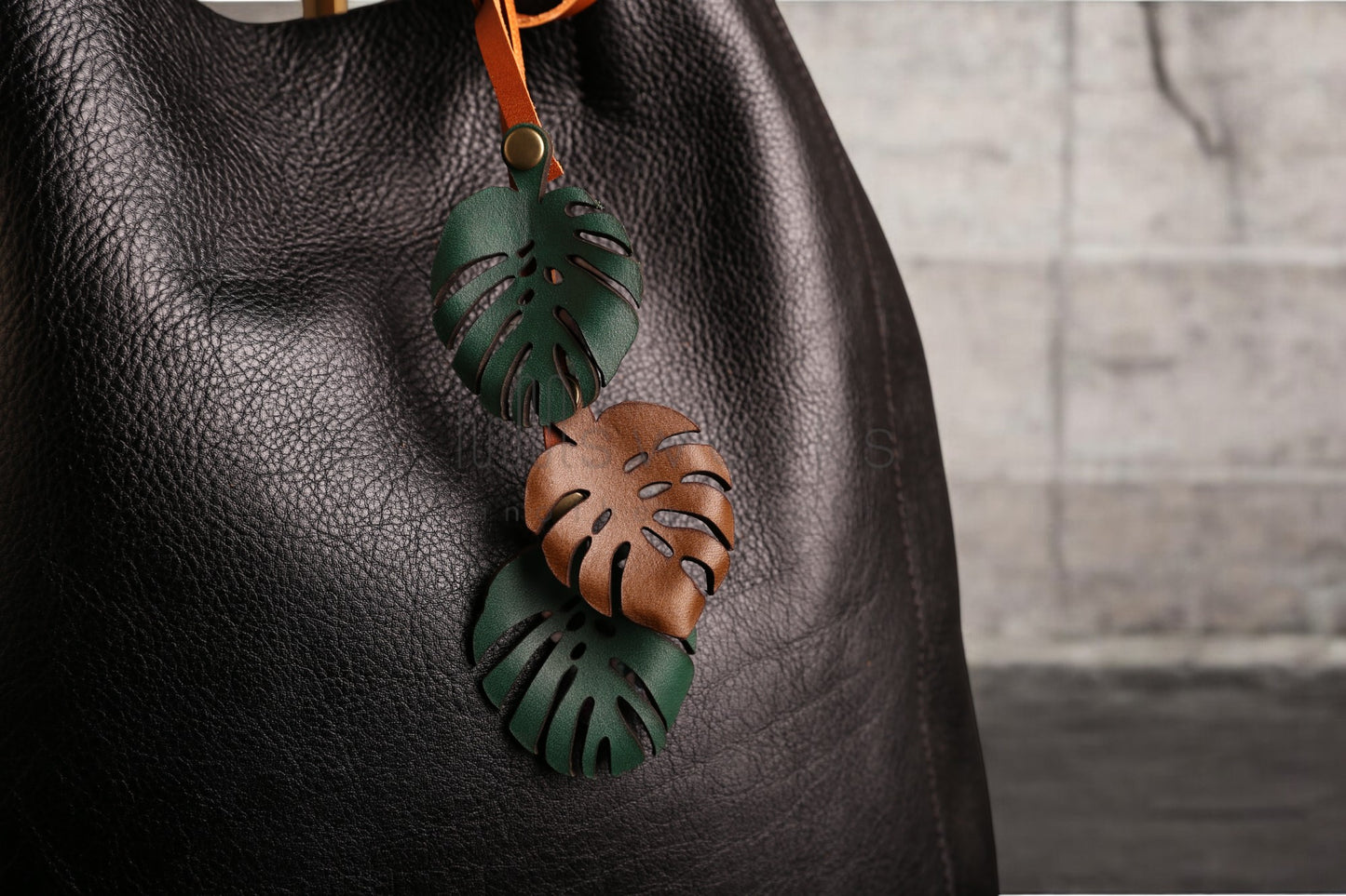 Handcrafted Monstera Leaf Leather bag charm/ Italian leather bag charm/leaf bag charm