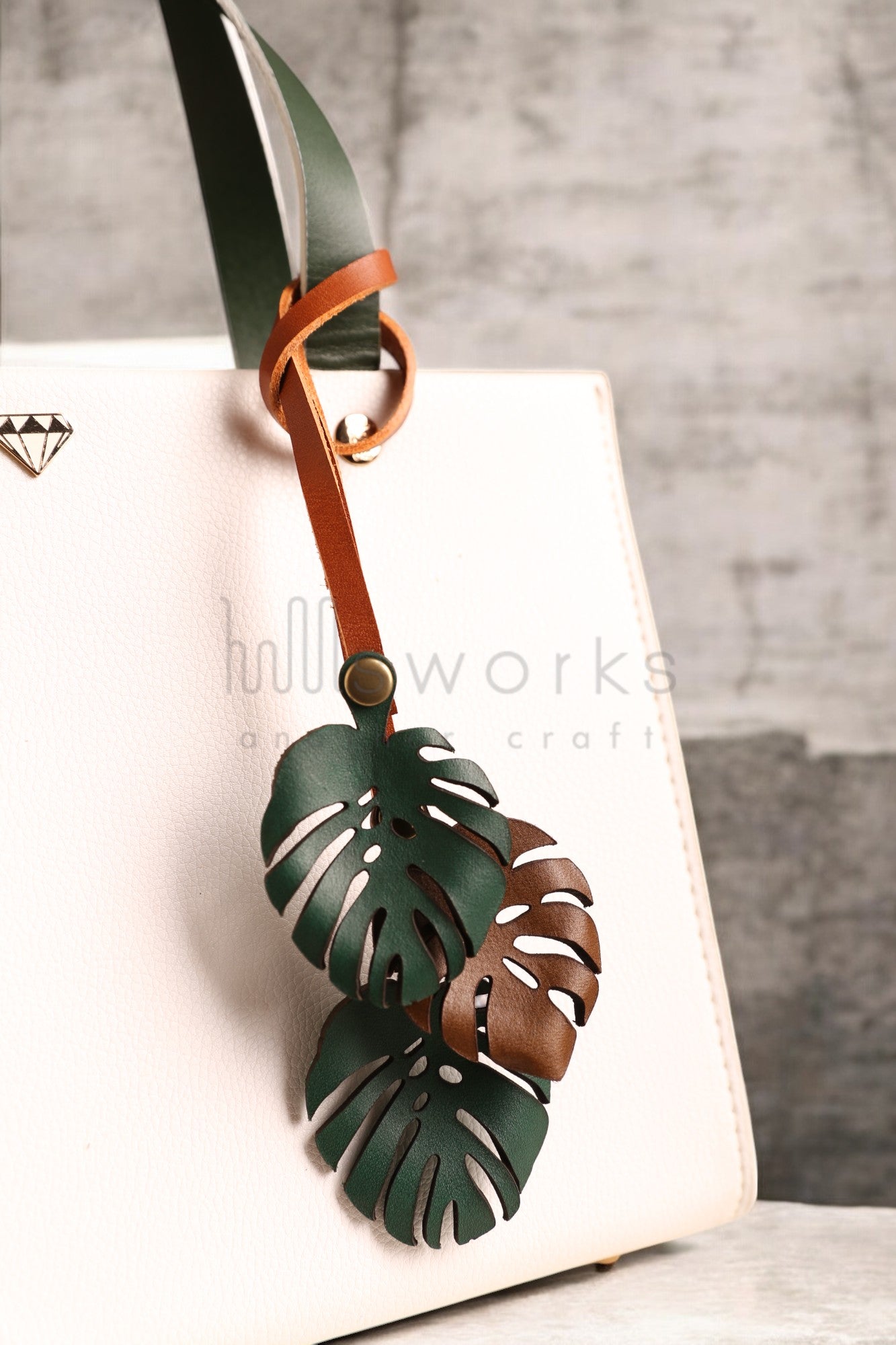 Handcrafted Monstera Leaf Leather bag charm/ Italian leather bag charm/leaf bag charm